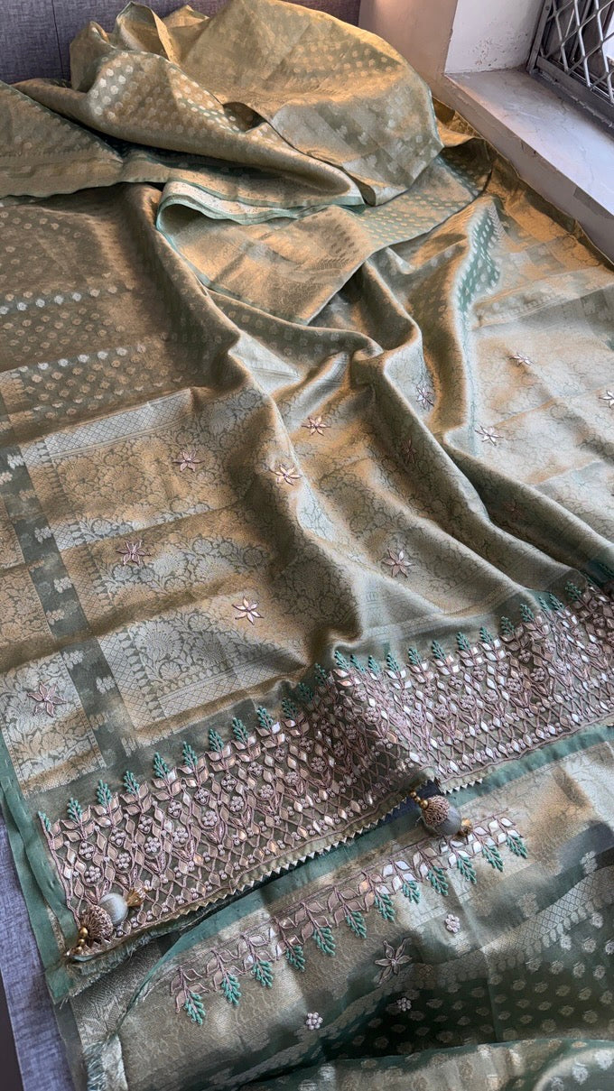 100% Soft Tissue Silk Banarasi Weaving Saree with Gotapatti, Zardozi, Pearl & Sequin Work