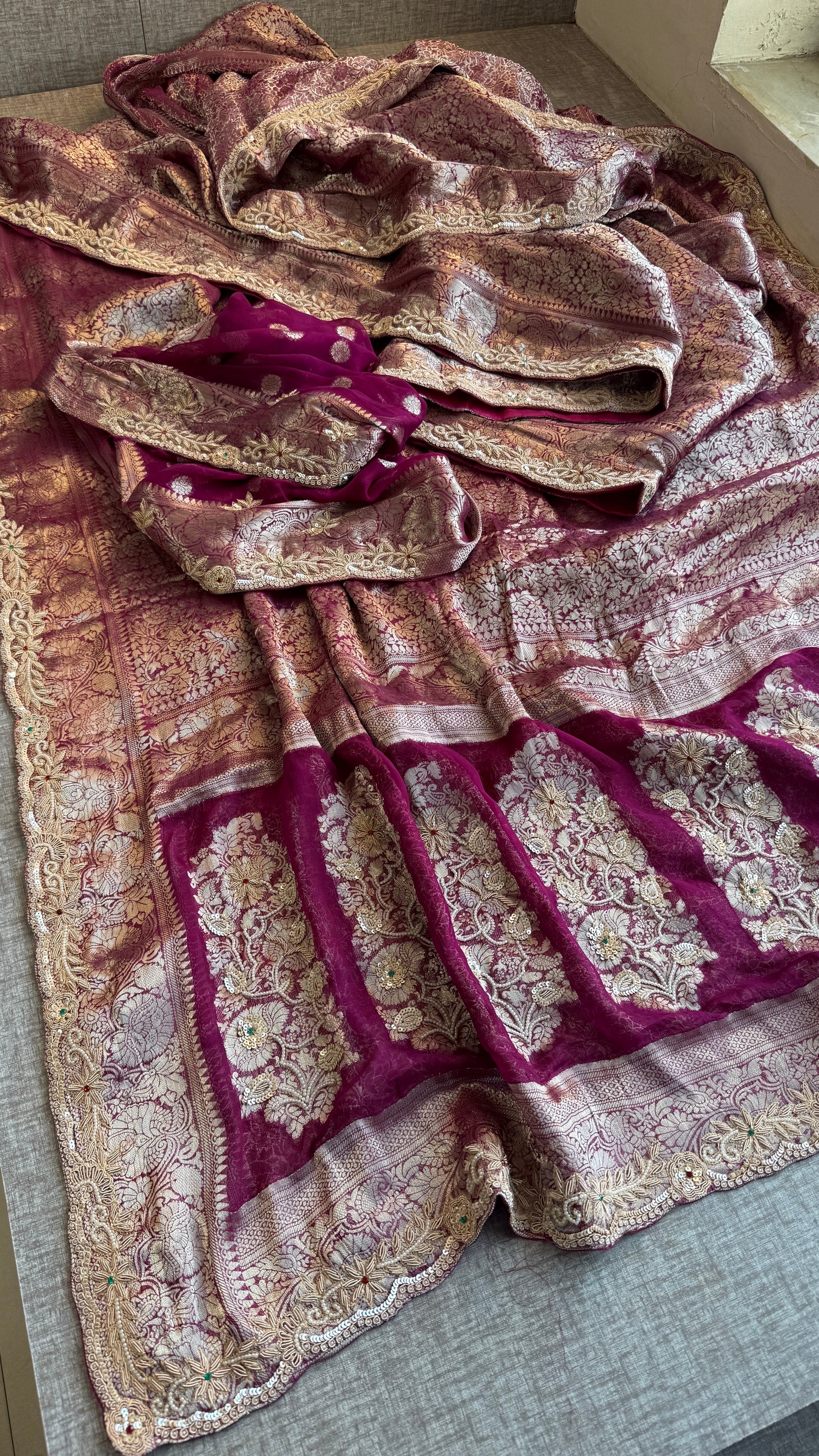Wedding Wear Banarasi Khaddi Georgette Saree with Pearl Sequin Gotapatti Work