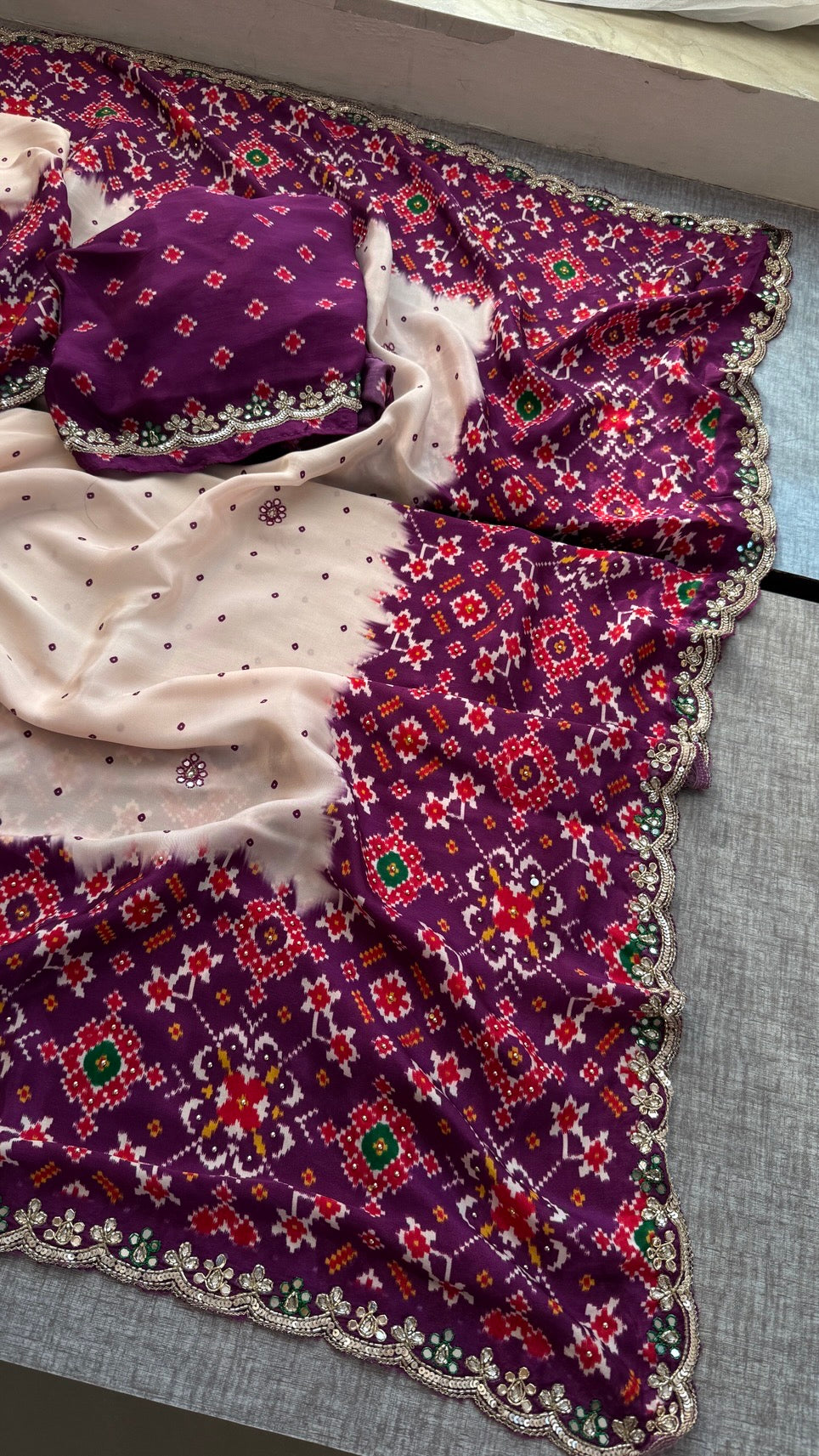 Soft Munga Silk Digital Print Saree with Zardozi, Kutdana, Pearl, Sequins & Stone Work with Designer Blouse