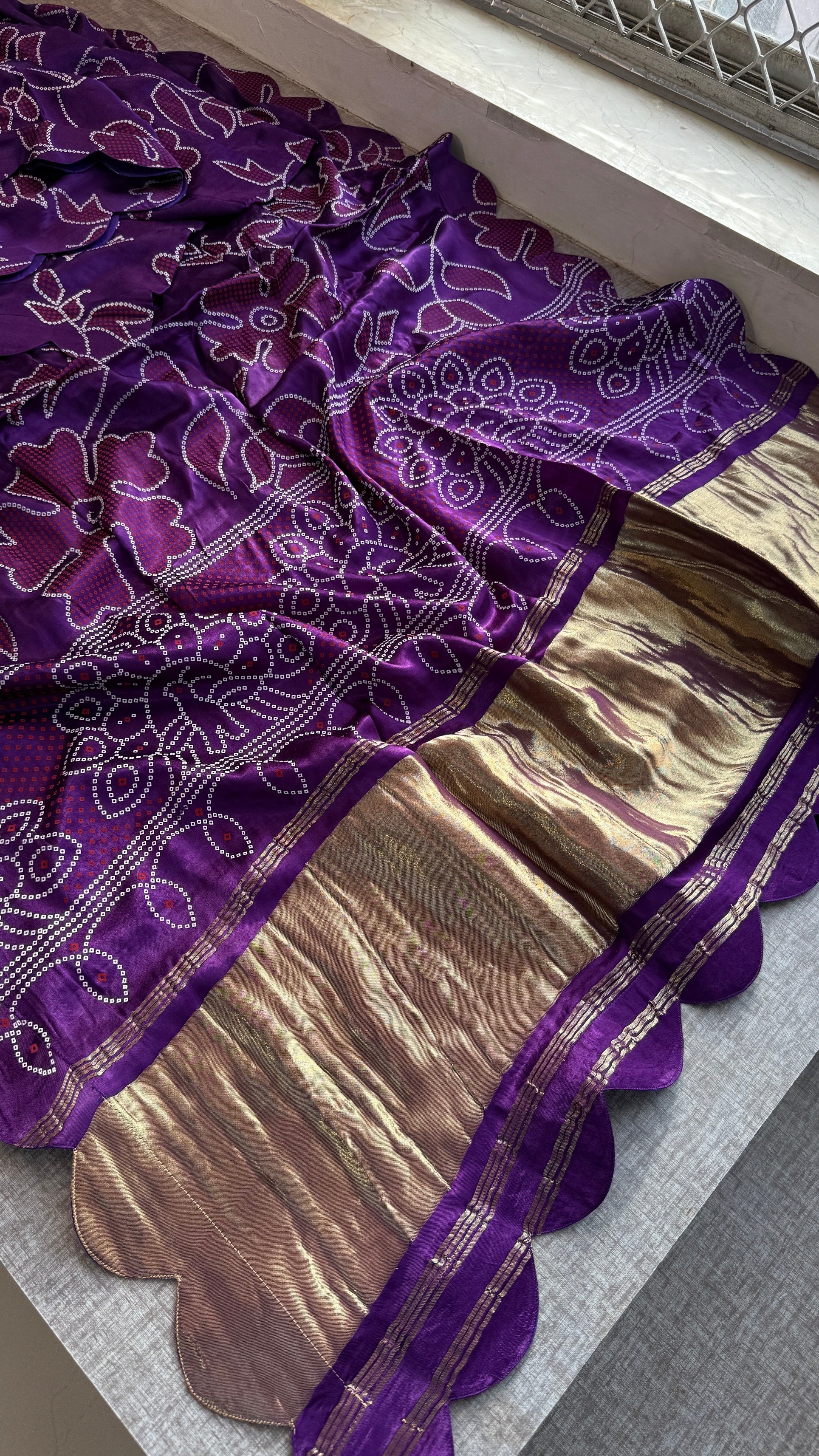 Pure Gajji Silk Bandhej Print Saree with Scallop Border – Orange Designer Bandhani Silk Saree