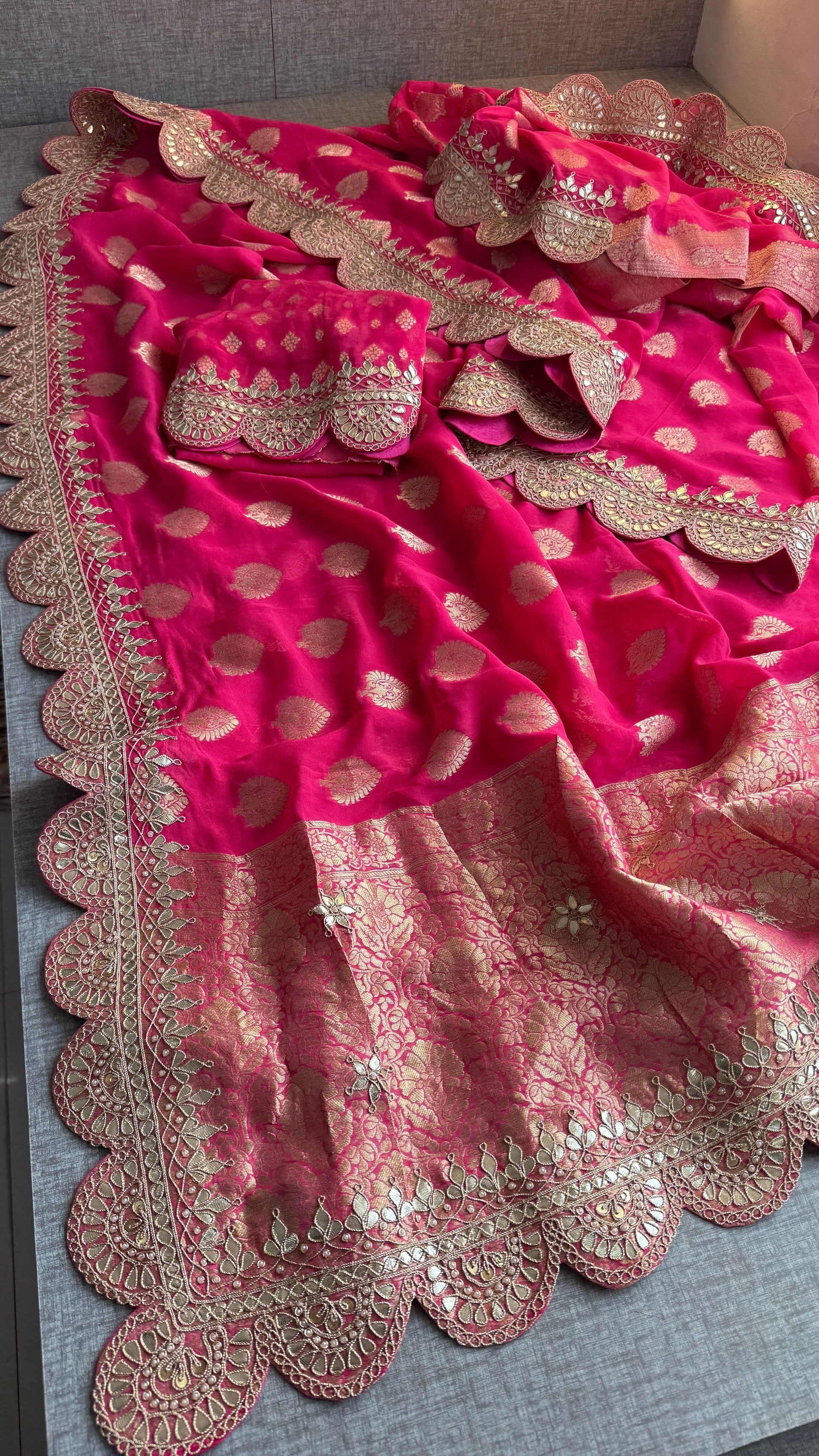 Royal Hot Pink Khaddi Georgette Banarasi Saree with Intricate Gotapatti, Zardozi & Pearl Scalloped Border