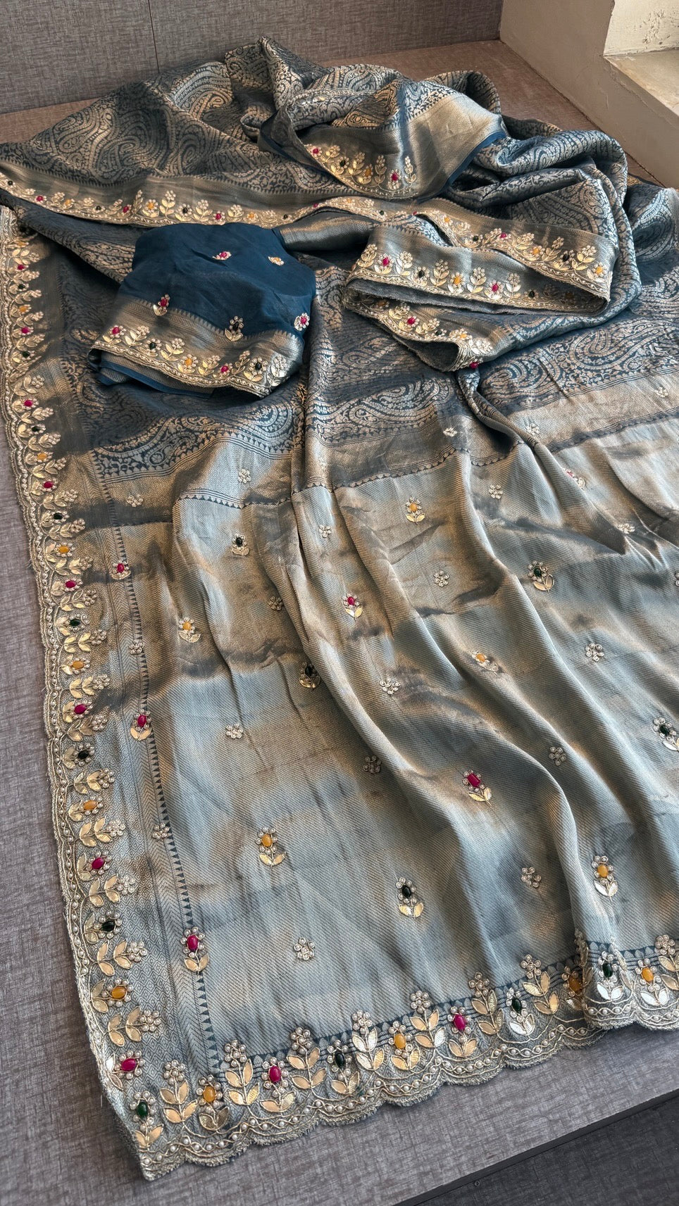 Royal Khaddi Georgette Banarasi Zari Weaving Saree with Gotapatti & Jewellery Stone Embellishment