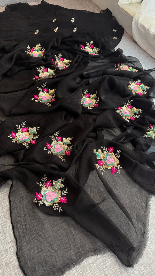Midnight Black Chiffon Saree with Multi Sequins Butta & Resham Work