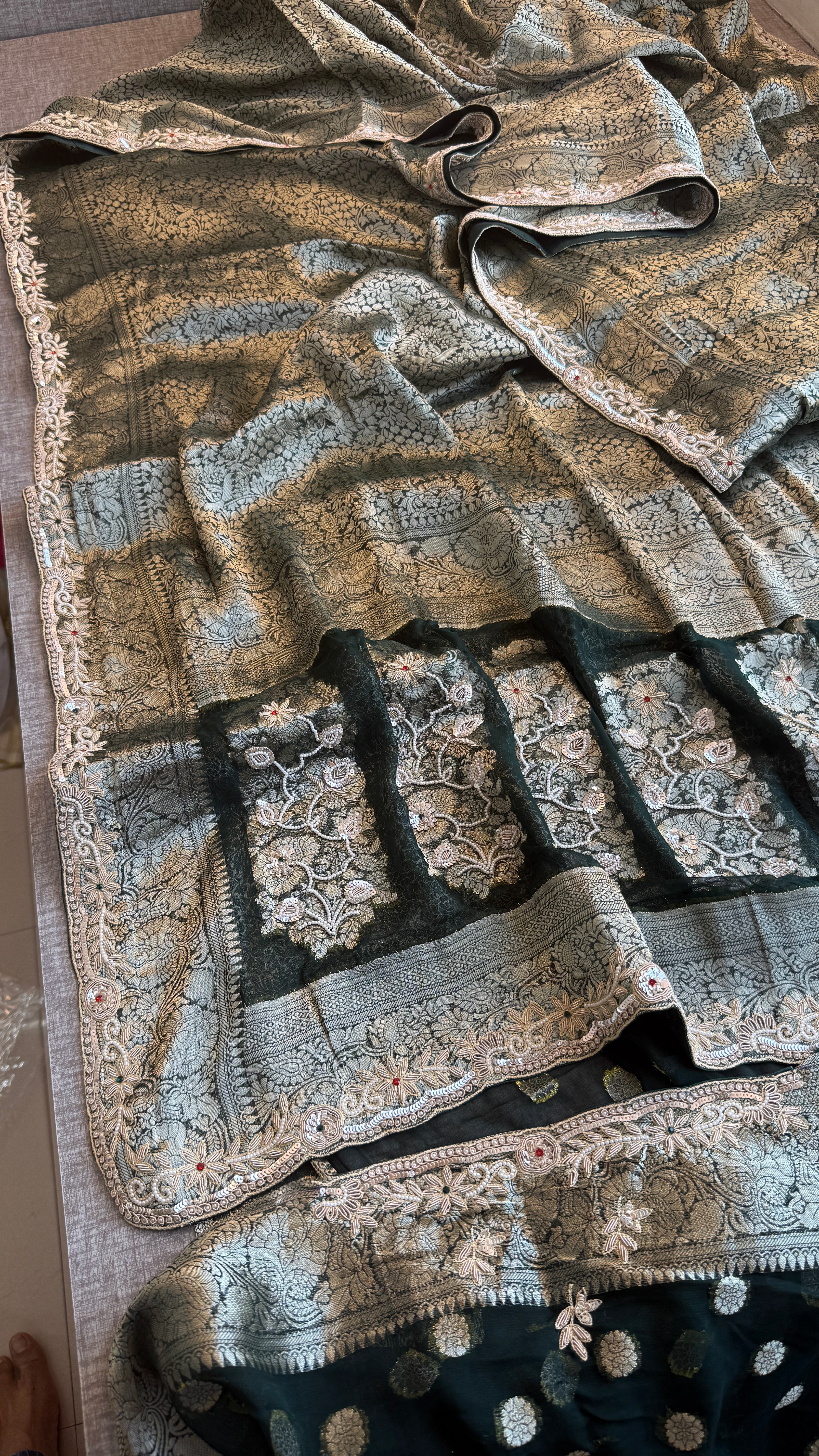 Pure Khaddi Georgette saree Adorned With Zardozi, Sequins , Pearl and Stone