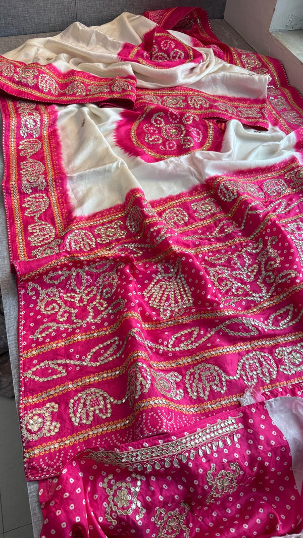Pure Munga Silk Saree with Elephant Motifs & Gota Patti Work