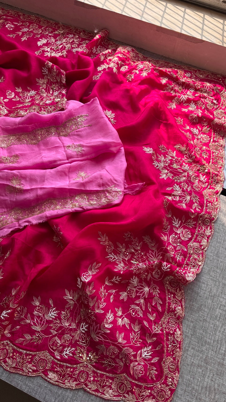 Designer Pure Munga Silk Saree with Floral Handwork & Embellished Border