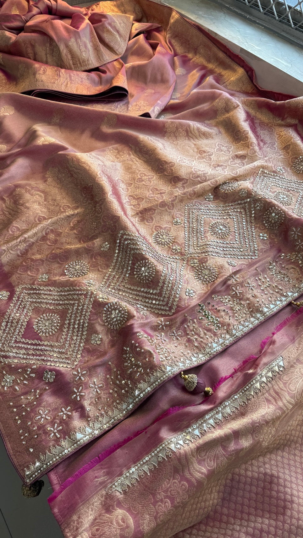 Soft Tissue Silk Banarasi Weaving Saree with Zardozi, Gotapatti, Pearl & Sequin Work