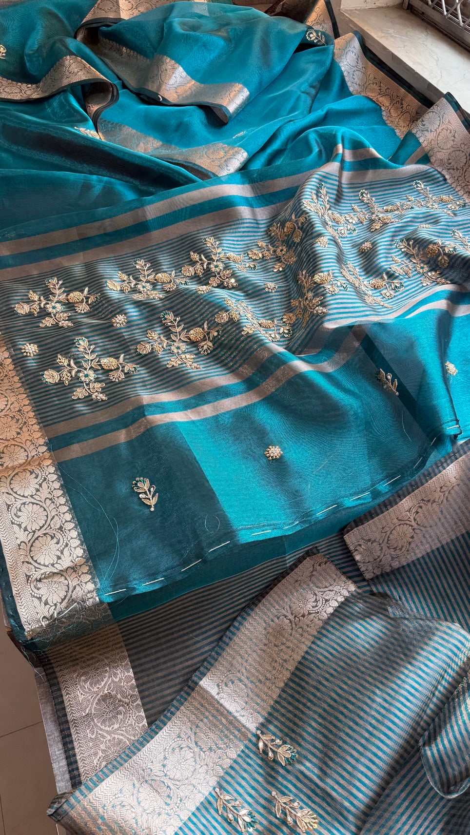 Pure Soft Silk Banarasi Weaving Saree with Zardozi Gotapatti & Pearl Sequins Pallu