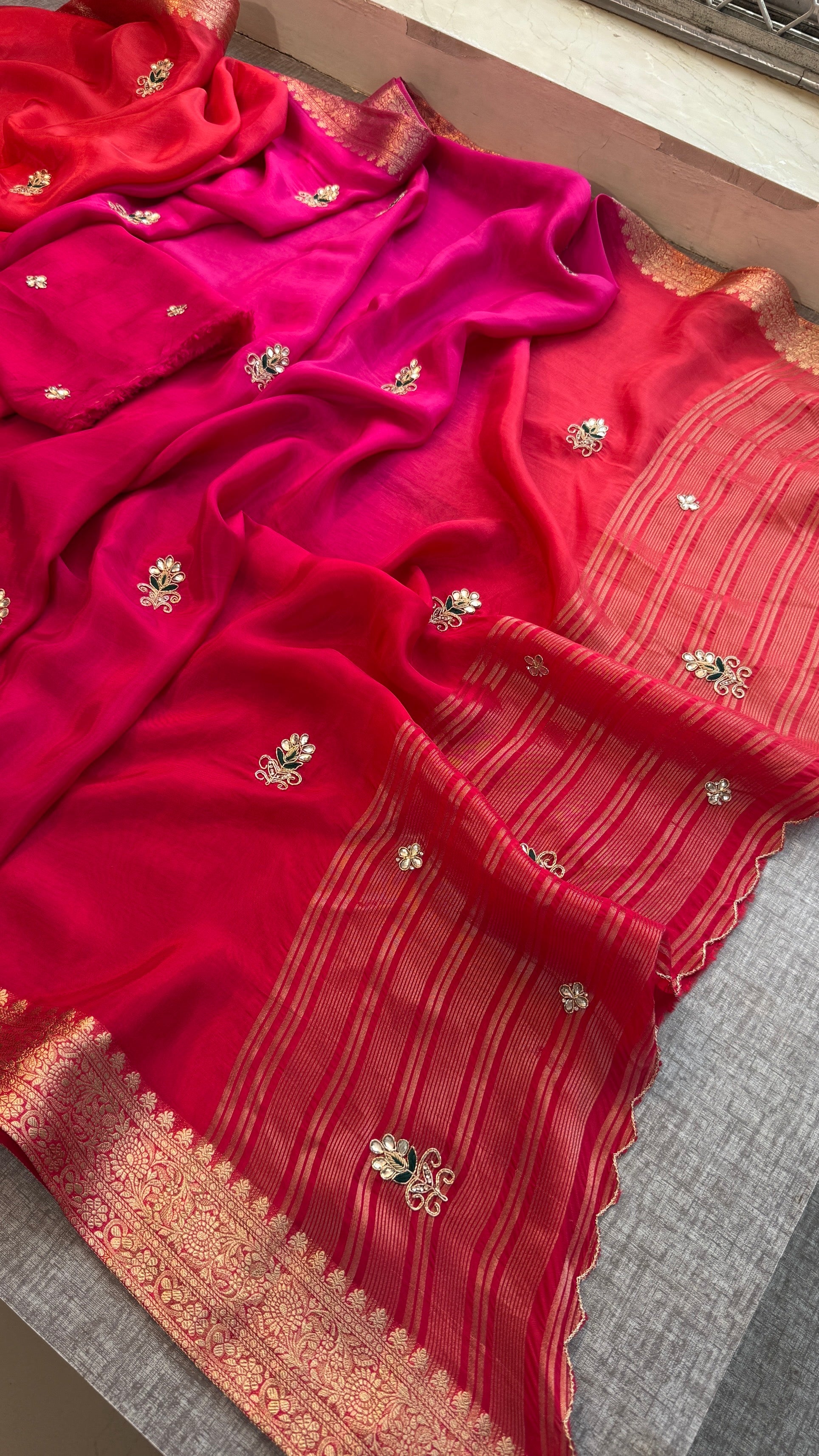 Stunning Dual-Tone Pink and Red Pure Silk Saree with Gota Patti Handwork and Banarasi Border