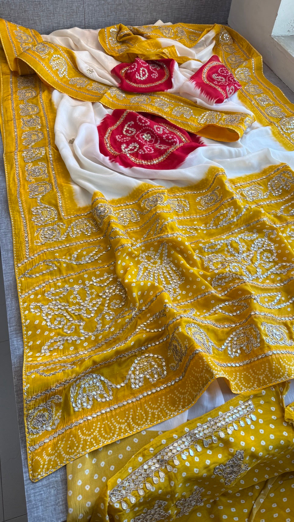 Pure Munga Silk Saree with Elephant Motifs & Gota Patti Work