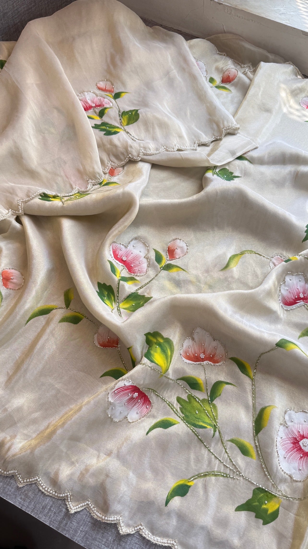 Pure cosmo silk hand painted Saree intricate with sequins and kutdana work