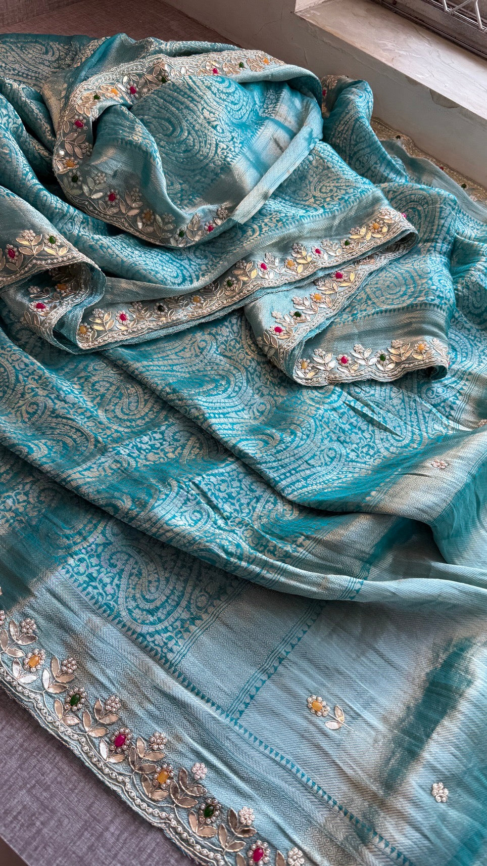 Royal Khaddi Georgette Banarasi Zari Weaving Saree with Gotapatti & Jewellery Stone Embellishment