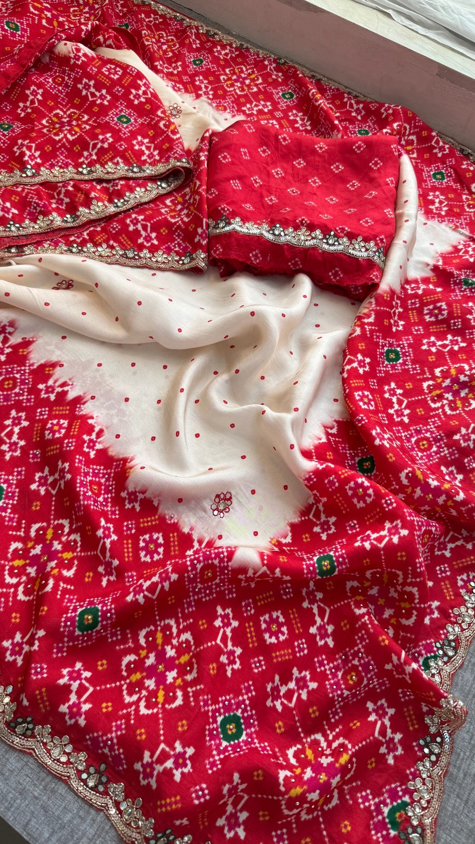 Soft Munga Silk Digital Print Saree with Zardozi, Kutdana, Pearl, Sequins & Stone Work with Designer Blouse