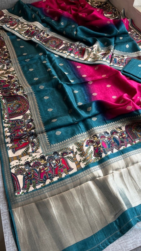 Soft Munga Silk Banarasi Kanni Weaving Saree with Madhubani Border