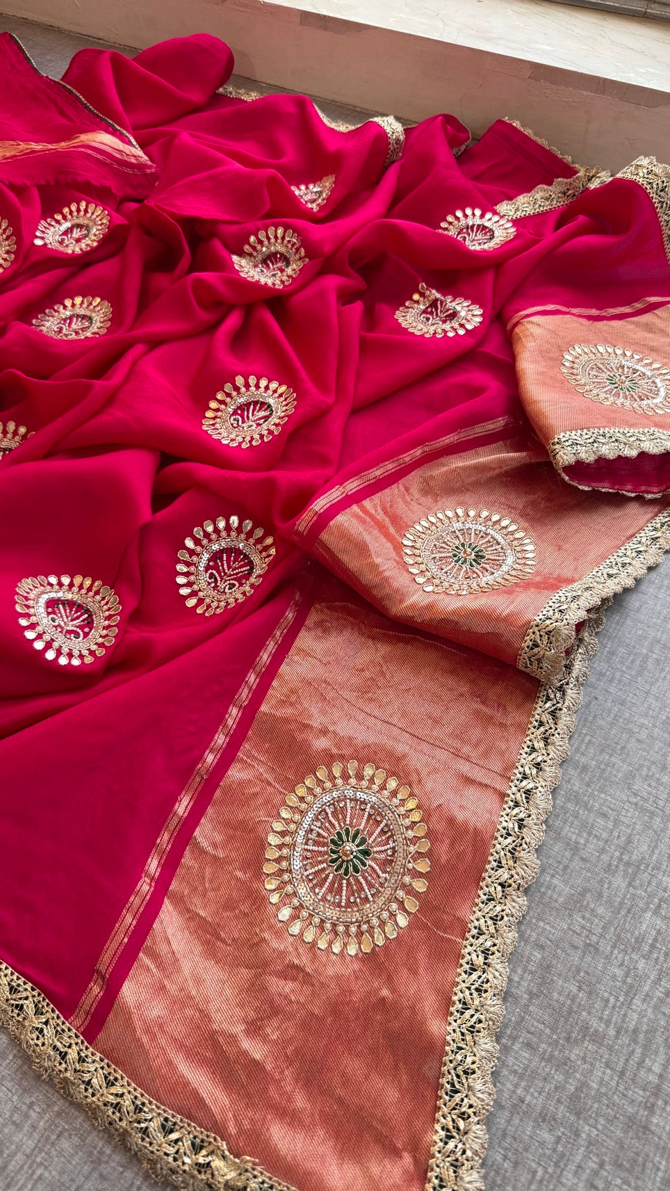 Pure Munga Silk Lakdi Patta Banarasi Saree with Gotapatti, Zardozi & Pearl Work