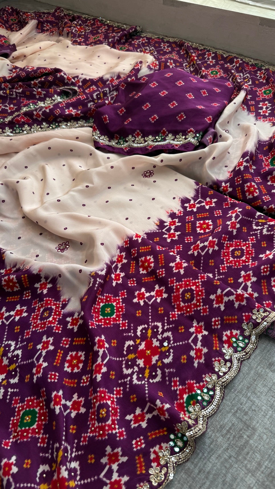 Soft Munga Silk Digital Print Saree with Zardozi, Kutdana, Pearl, Sequins & Stone Work with Designer Blouse