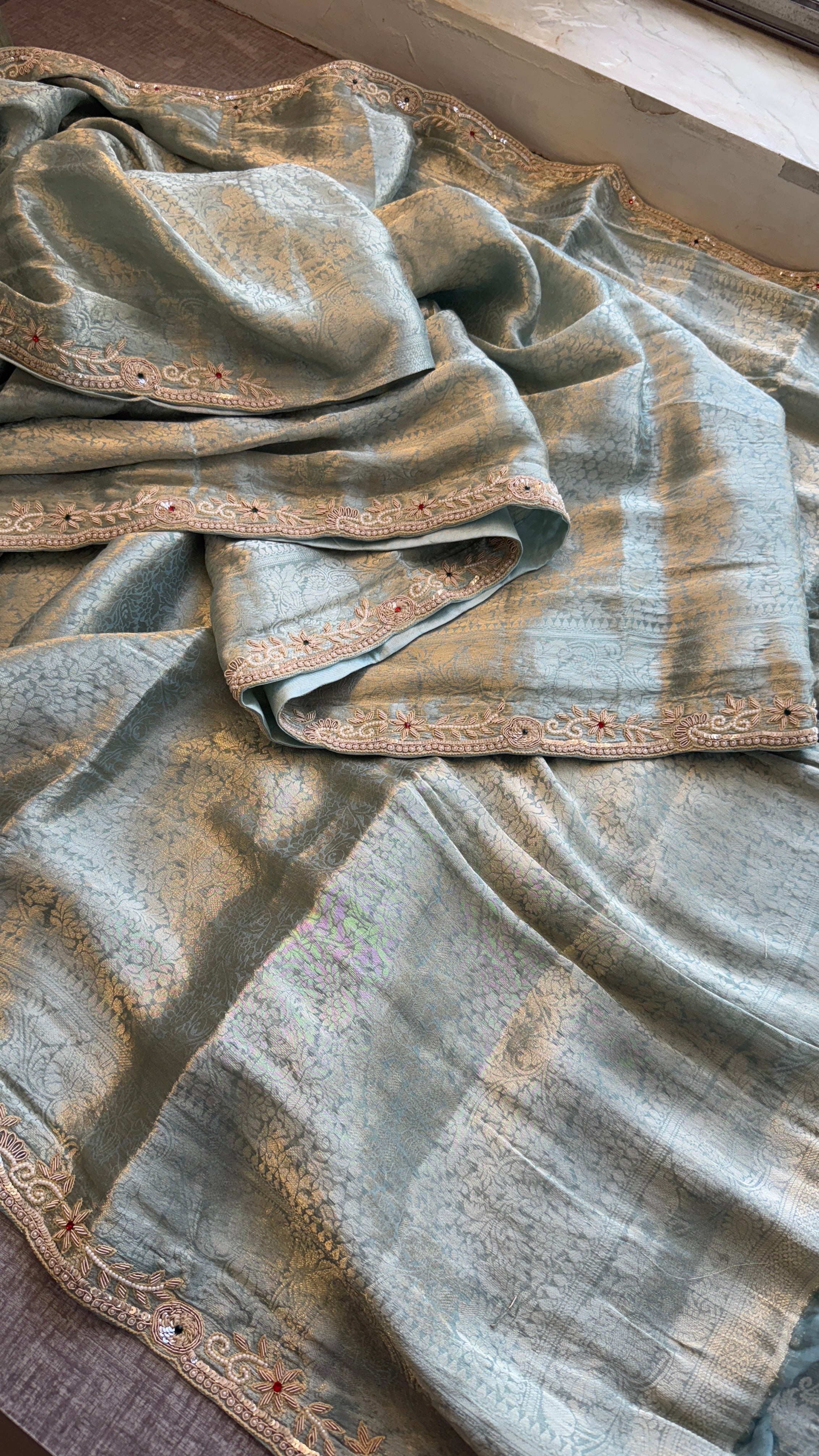 Pure Khaddi Georgette saree Adorned With Zardozi, Sequins , Pearl and Stone