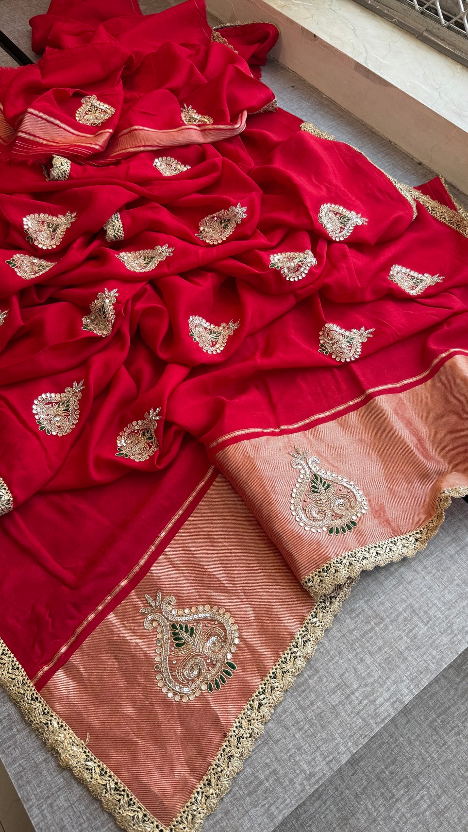 Pure Munga Silk Lakdi Patta Banarasi Saree with Gotapatti, Zardozi & Pearl Work