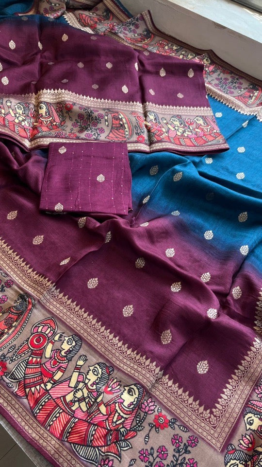 Soft Munga Silk Banarasi Kanni Weaving Saree with Madhubani Border