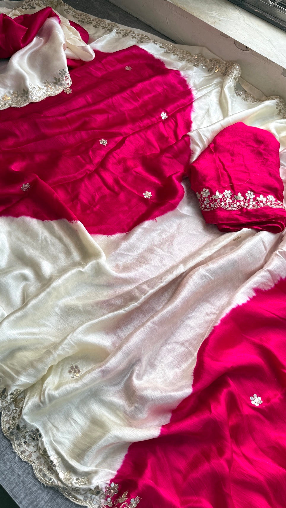Handmade Off White and Pink Gajji Silk Saree with Gota Patti Work and Scalloped Border | Wedding & Festive Wear Indian Sari