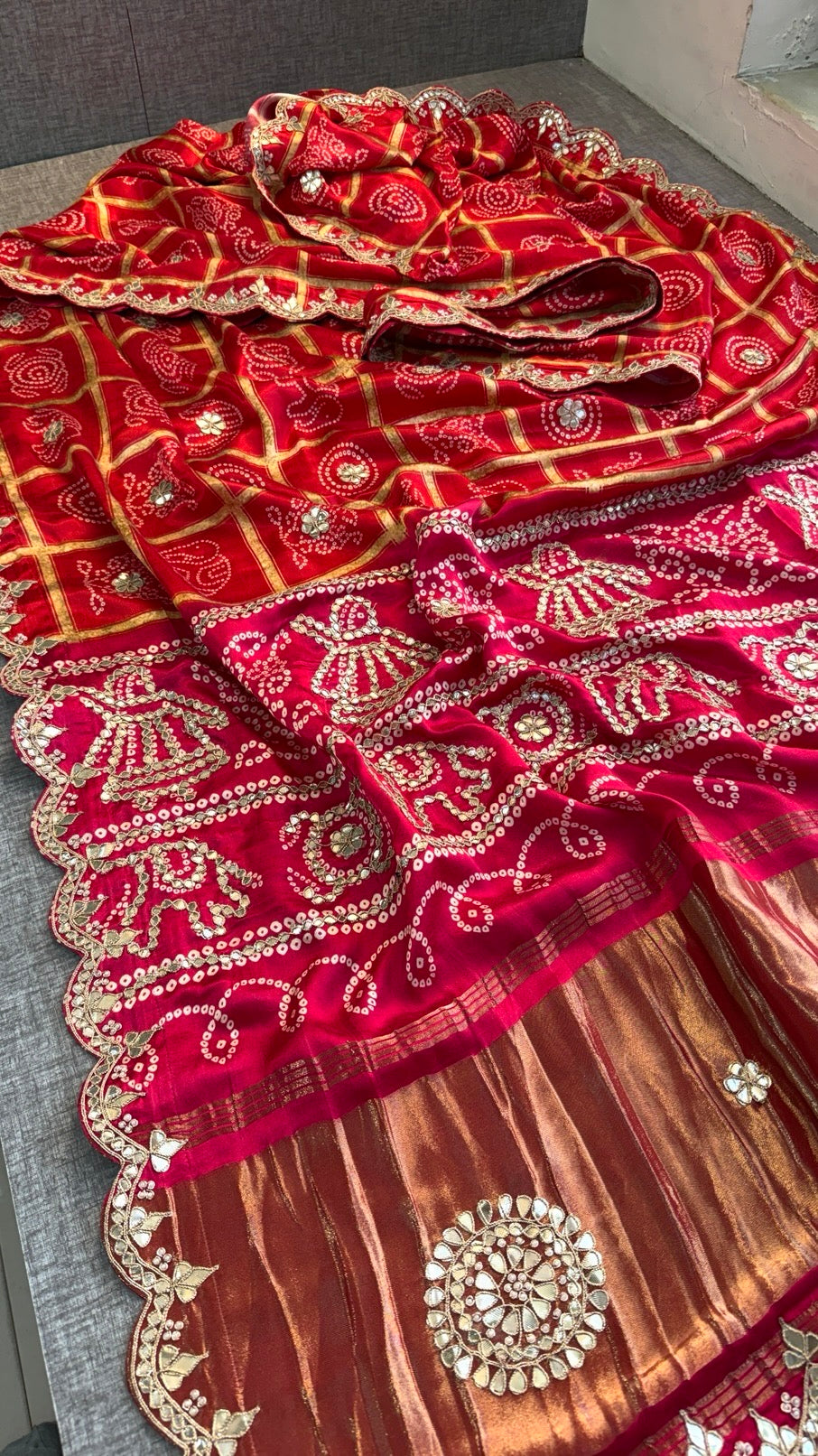 Soft Gajji Silk Lakdi Patta Digital Print Saree with Gotapatti, Zardozi, Sequins & Pearl Work Blouse