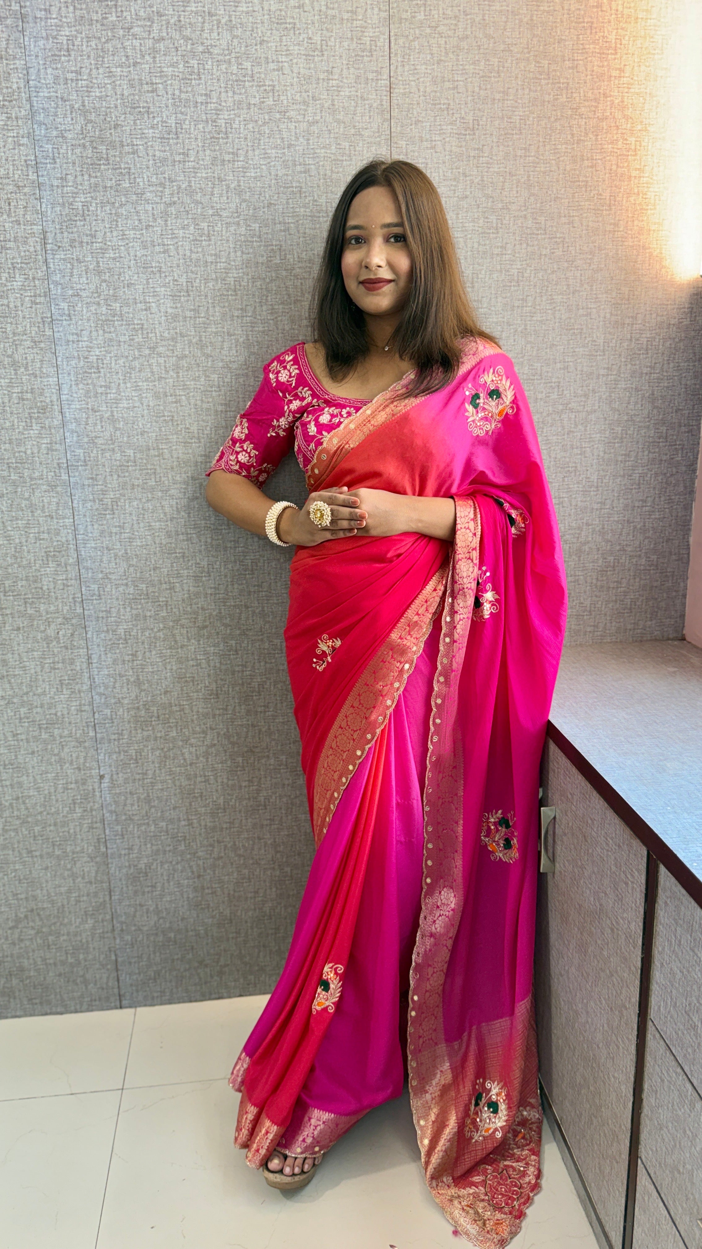 Pure Chinon Silk Saree with Thread Embroidery & Banarasi Zari Border