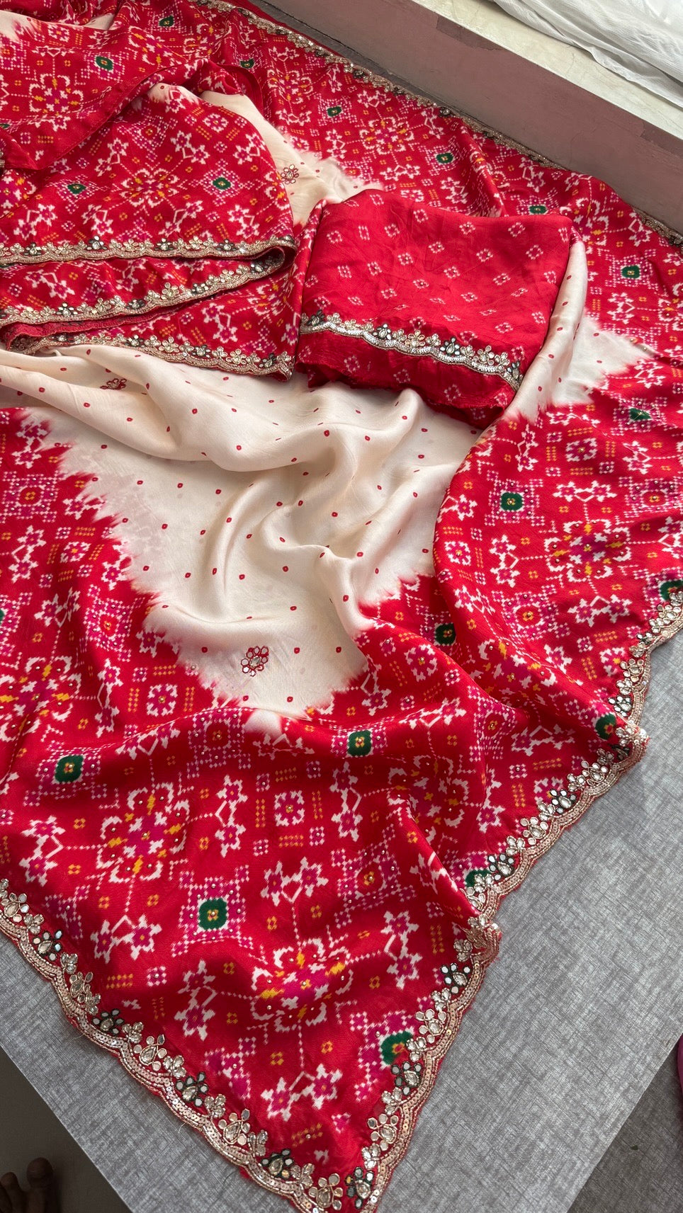 Soft Munga Silk Digital Print Saree with Zardozi, Kutdana, Pearl, Sequins & Stone Work with Designer Blouse