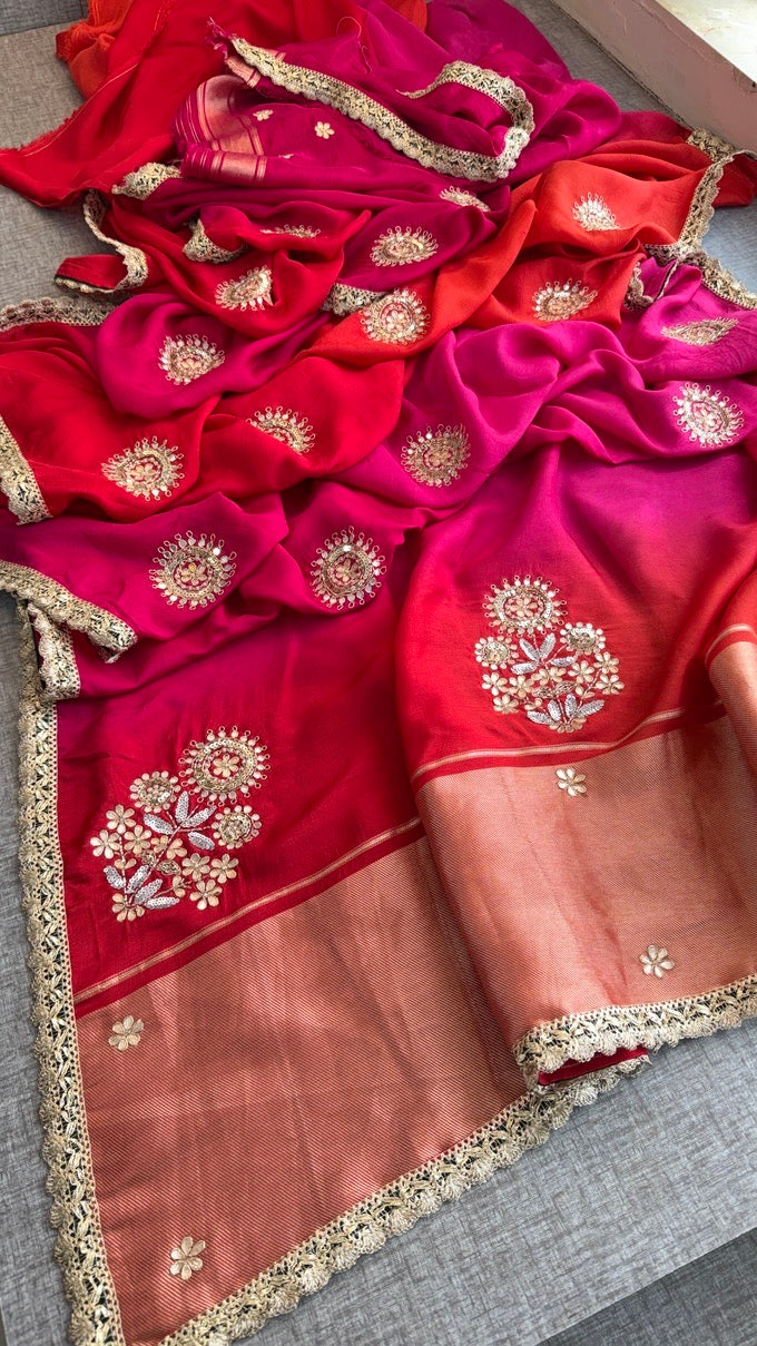 Pure Munga Silk Lakdi Patta Banarasi Saree with Gotapatti, Zardozi & Pearl Work