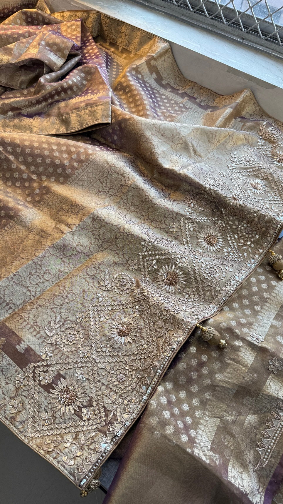 Soft Tissue Silk Banarasi Weaving Saree with Zardozi, Gotapatti, Pearl & Sequin Work
