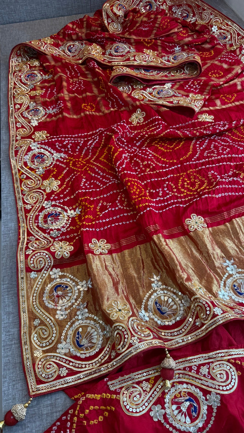 Pure Gajji Silk Lakdi Patta Bandhani Saree with Gota Patti, Zardozi & Peacock Handwork