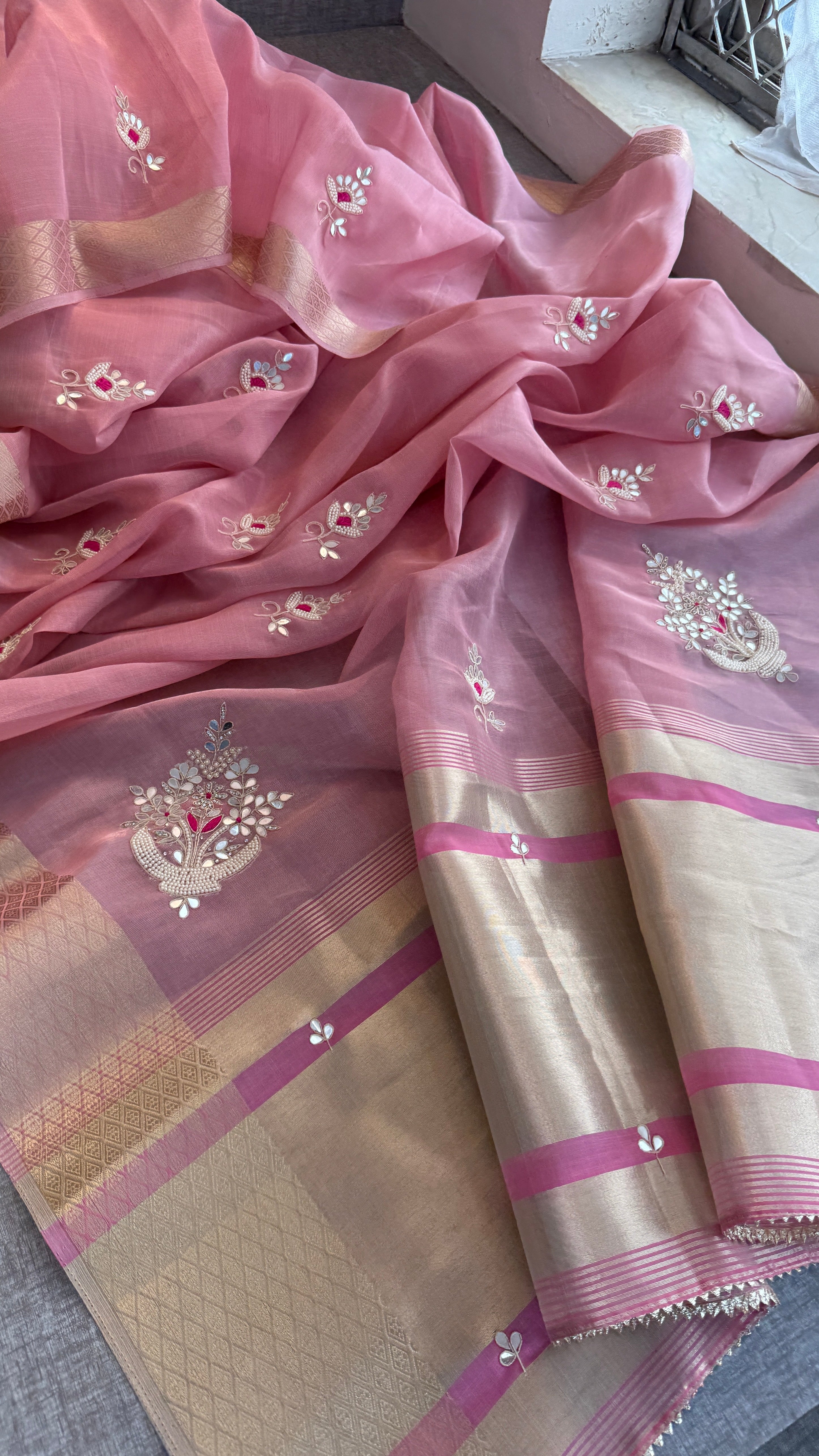 Cotton Tissue Silk Saree with Zari Border & Resham Moti Butti | Festive Wear Saree with Matching Blouse
