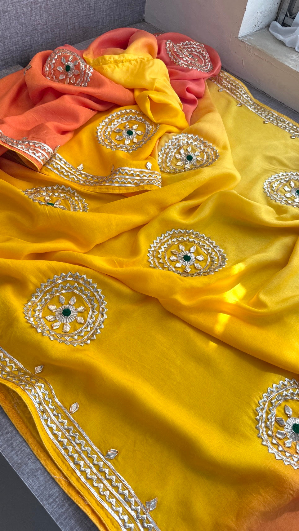 Sunshine Pure Munga Silk Rajwadi Pattern Rajasthani Jaipuri Saree with Sikhiya Gota Patti Work