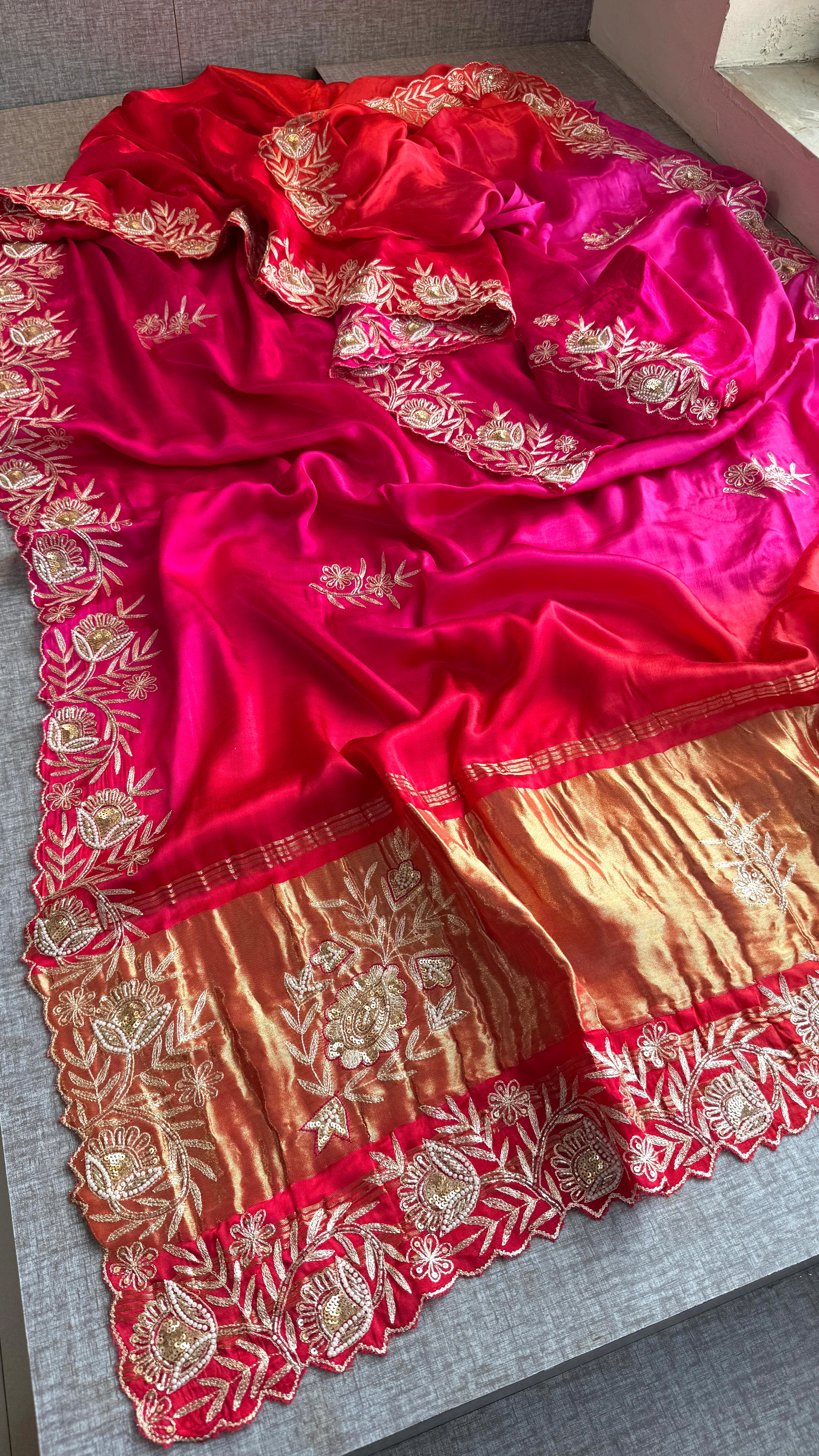 Handcrafted Gajji Silk Aari Work Saree in Red and Rani Tone