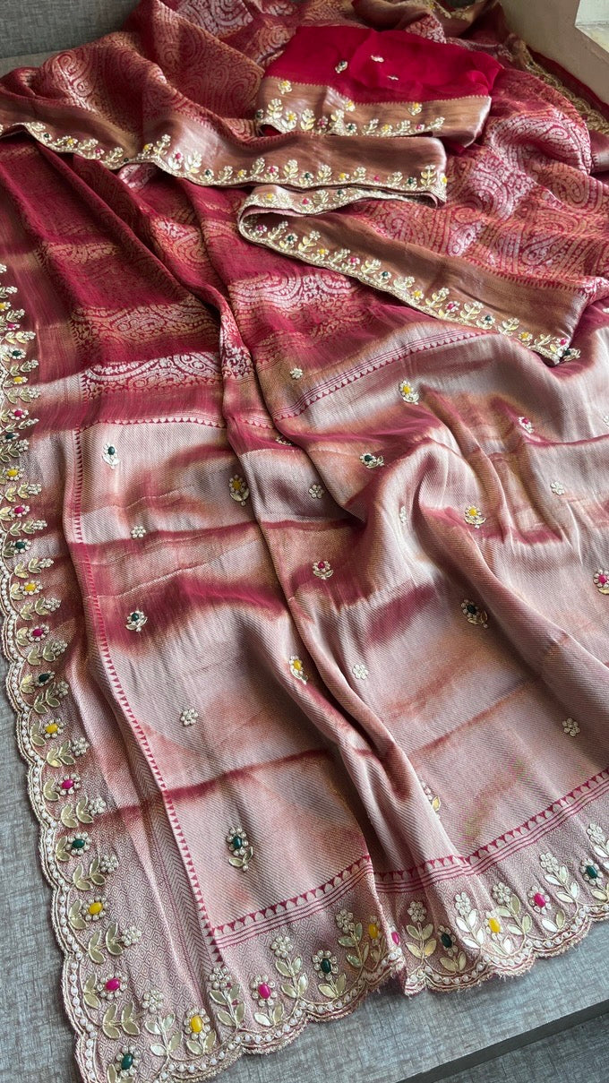 Royal Khaddi Georgette Banarasi Zari Weaving Saree with Gotapatti & Jewellery Stone Embellishment