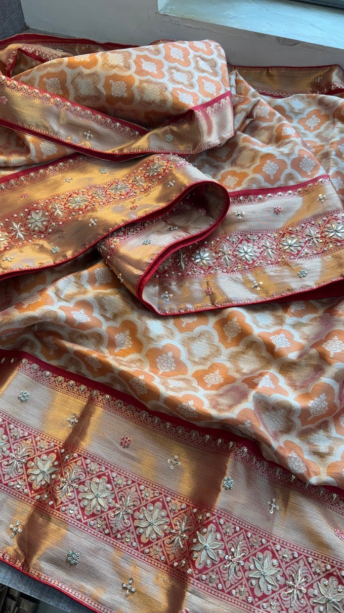 Pure Soft Kanjivaram Silk Banarasi Saree with Zardozi, Gotapatti & Pearl Sequins Work | Designer Blouse Included