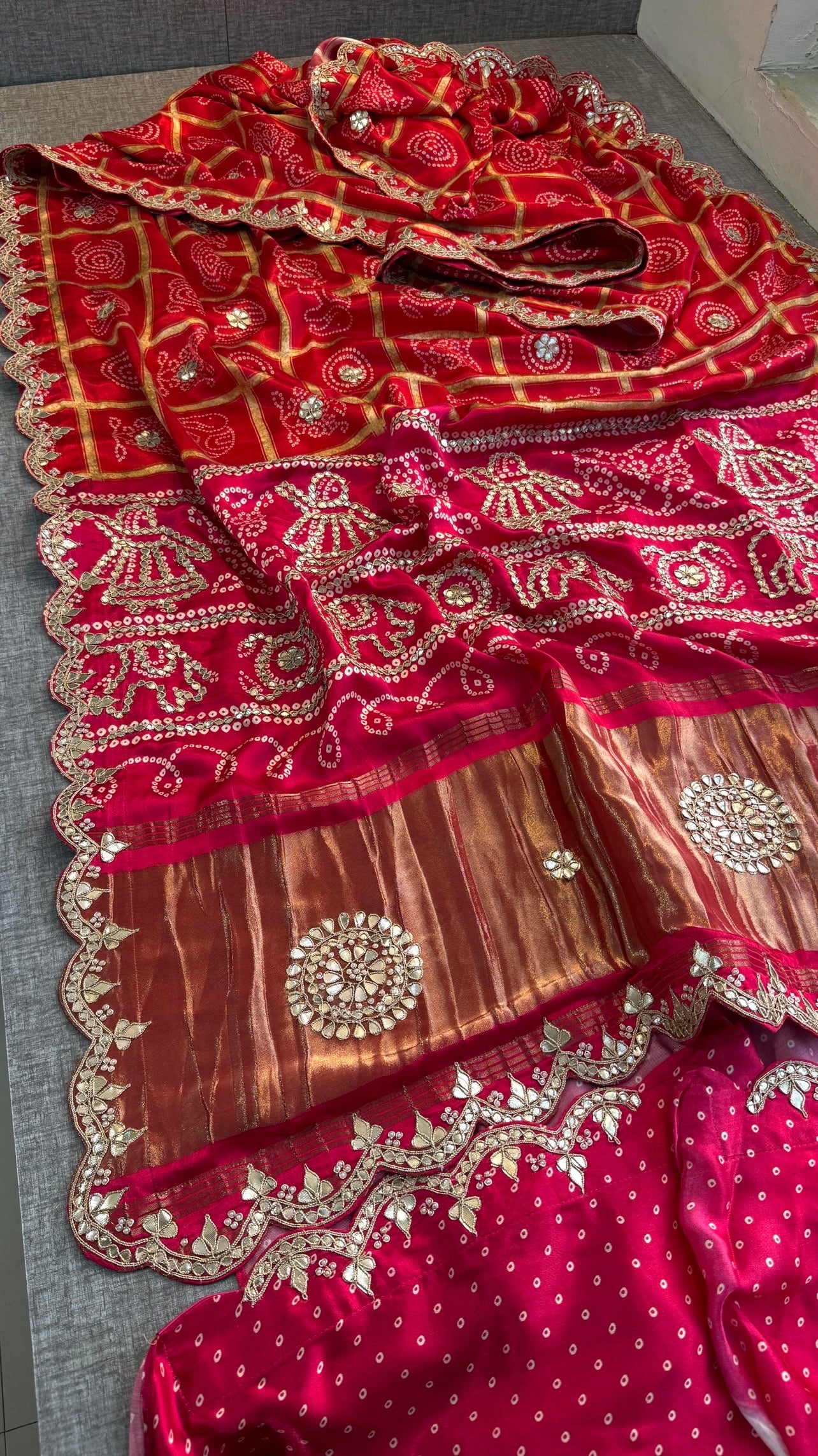 Soft Gajji Silk Lakdi Patta Digital Print Saree with Gotapatti, Zardozi, Sequins & Pearl Work Blouse