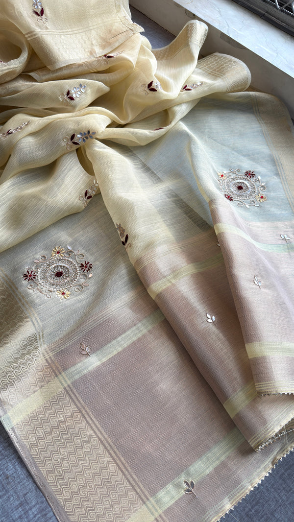 Pure Tissue Linen Banarasi Saree | Zardozi & Kutdana Handwork Saree