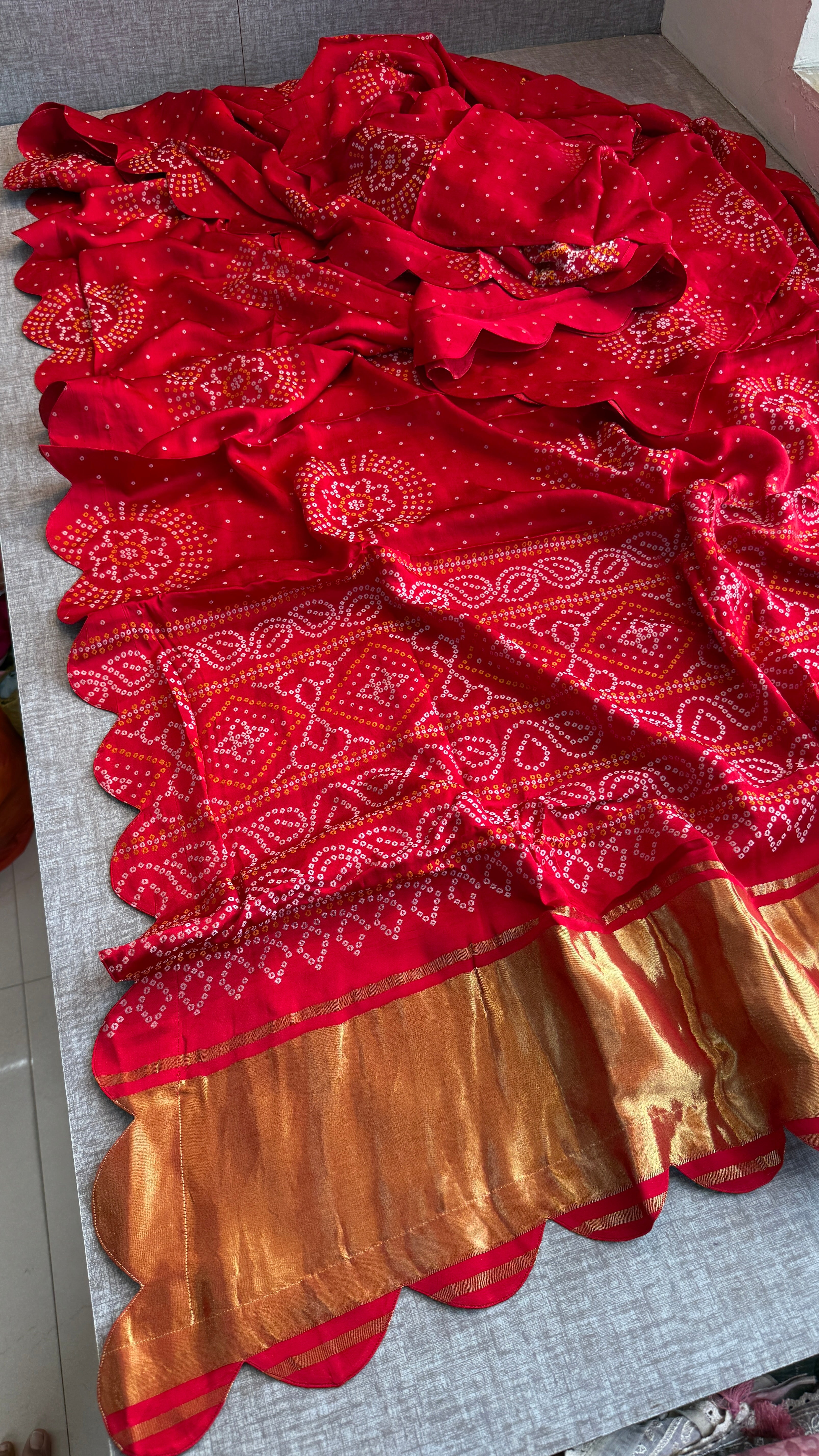 Pure Satin Silk Golden Bandhani weaving saree with lakdi patta