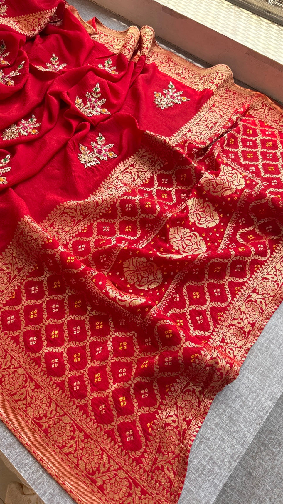 Beautiful Precious Stone Saree | Banarasi Zari Weaving Saree | Handcrafted Gota Patti & Zardozi Work | Bridal & Festive Designer Saree