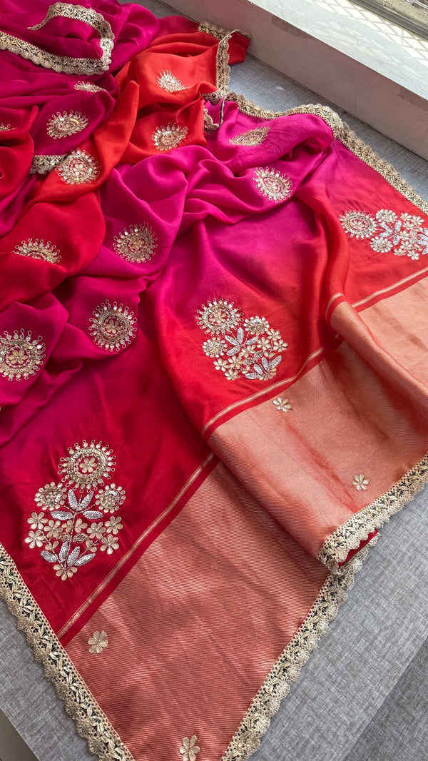 Pure Munga Silk Lakdi Patta Banarasi Saree with Gotapatti, Zardozi & Pearl Work