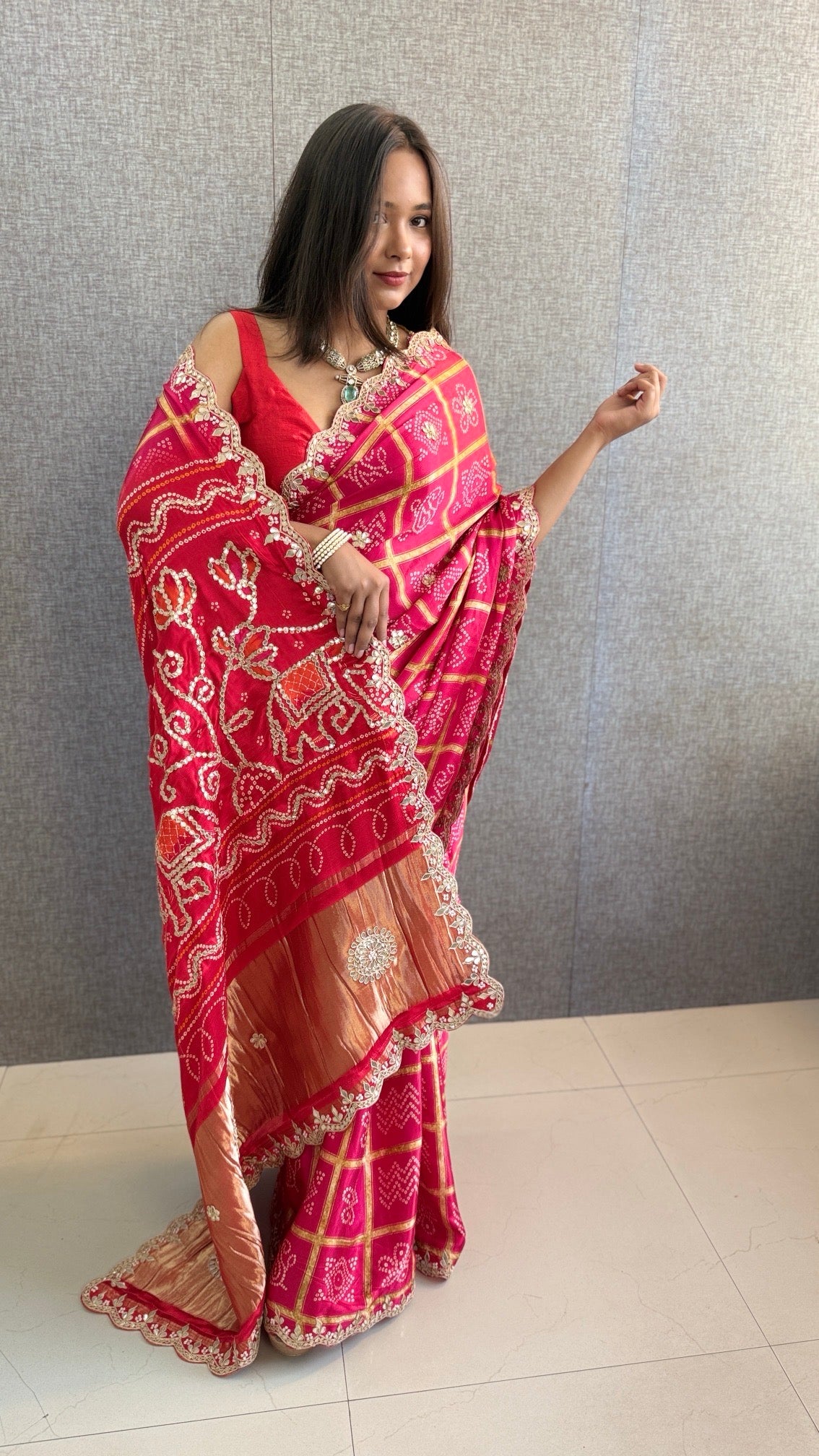 Pure Gajji Silk Lakdi Patta Bandhani Saree with Gotapatti, Pearl Sequins & Scallop Border