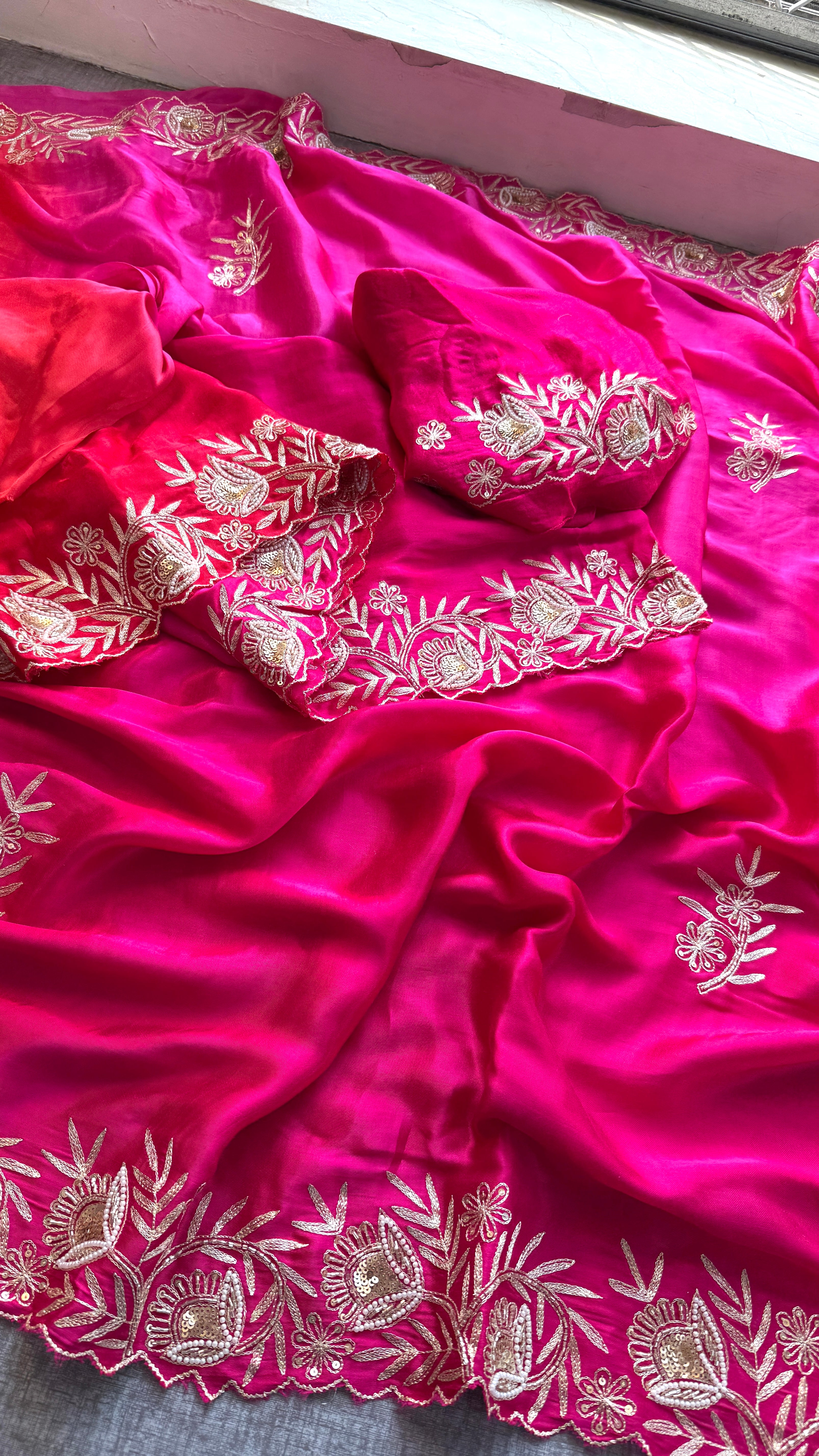 Handcrafted Gajji Silk Aari Work Saree in Red and Rani Tone