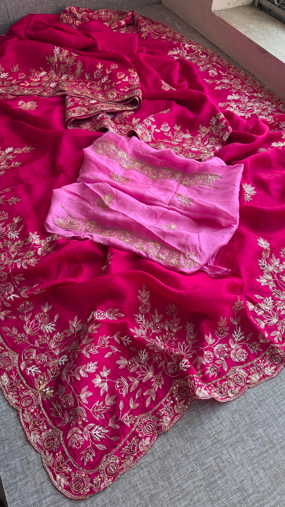 Designer Pure Munga Silk Saree with Floral Handwork & Embellished Border