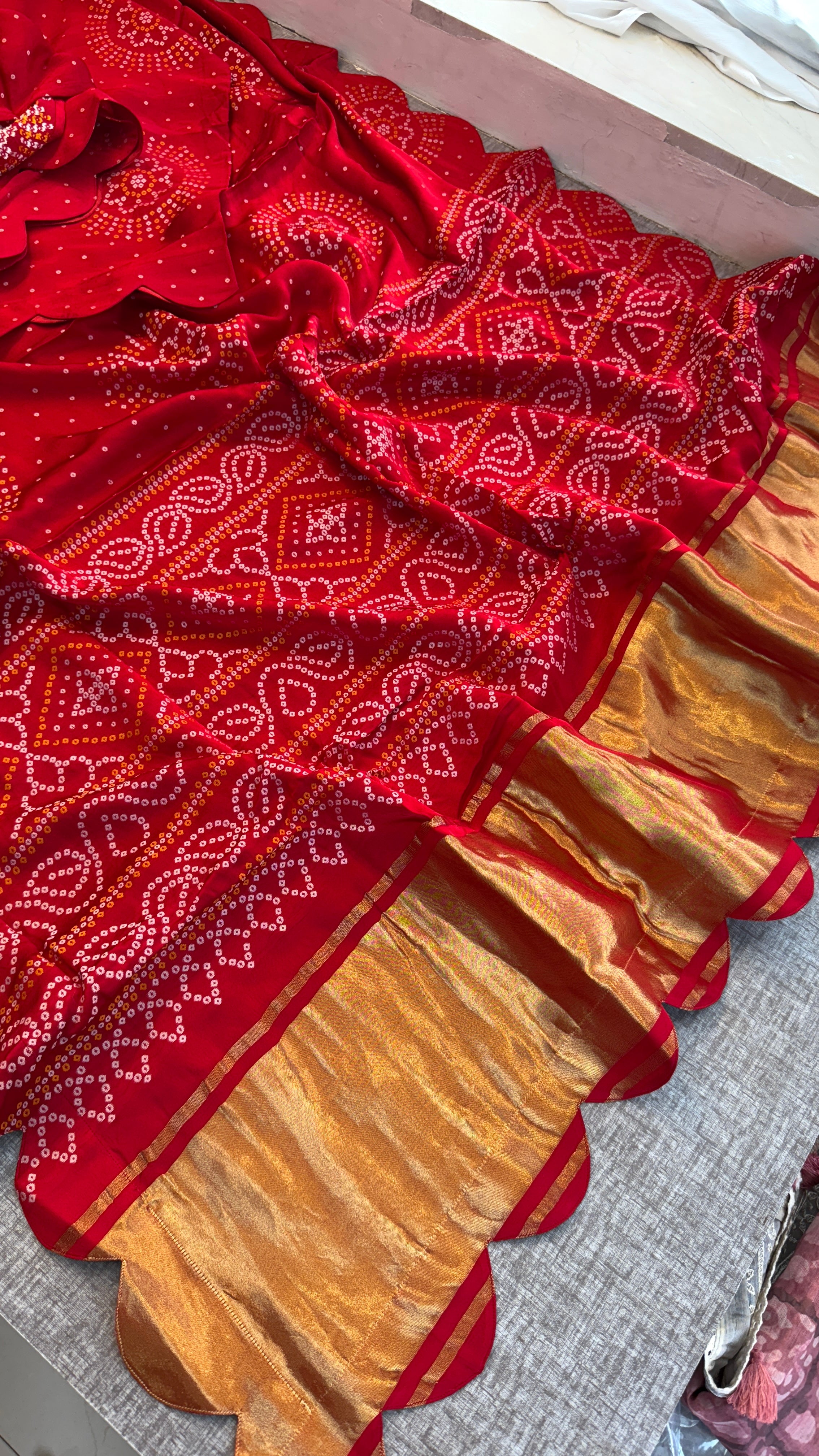 Pure Satin Silk Golden Bandhani weaving saree with lakdi patta