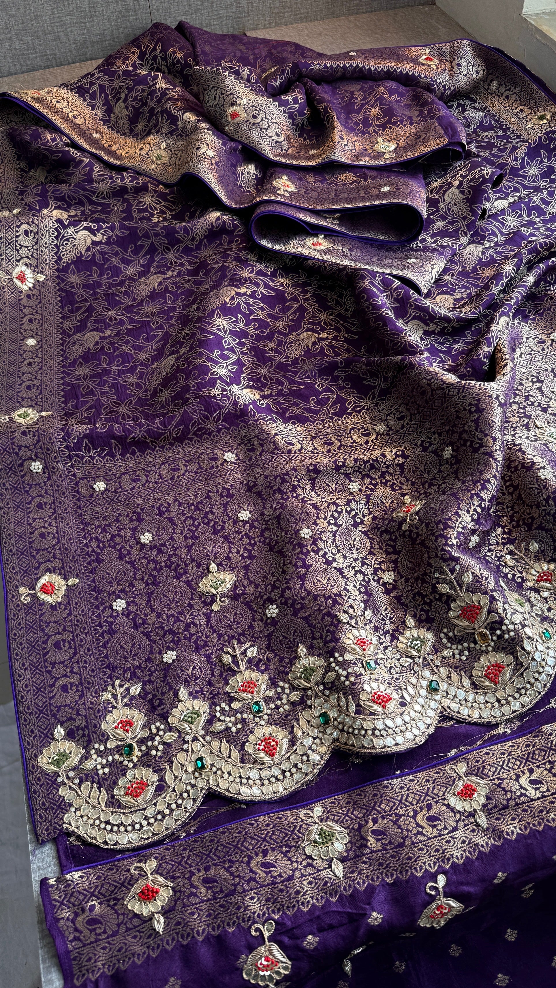 Luxury Munga Silk Banarasi Saree with Zardozi Gota Patti Pearl Sequin & Stone Handwork
