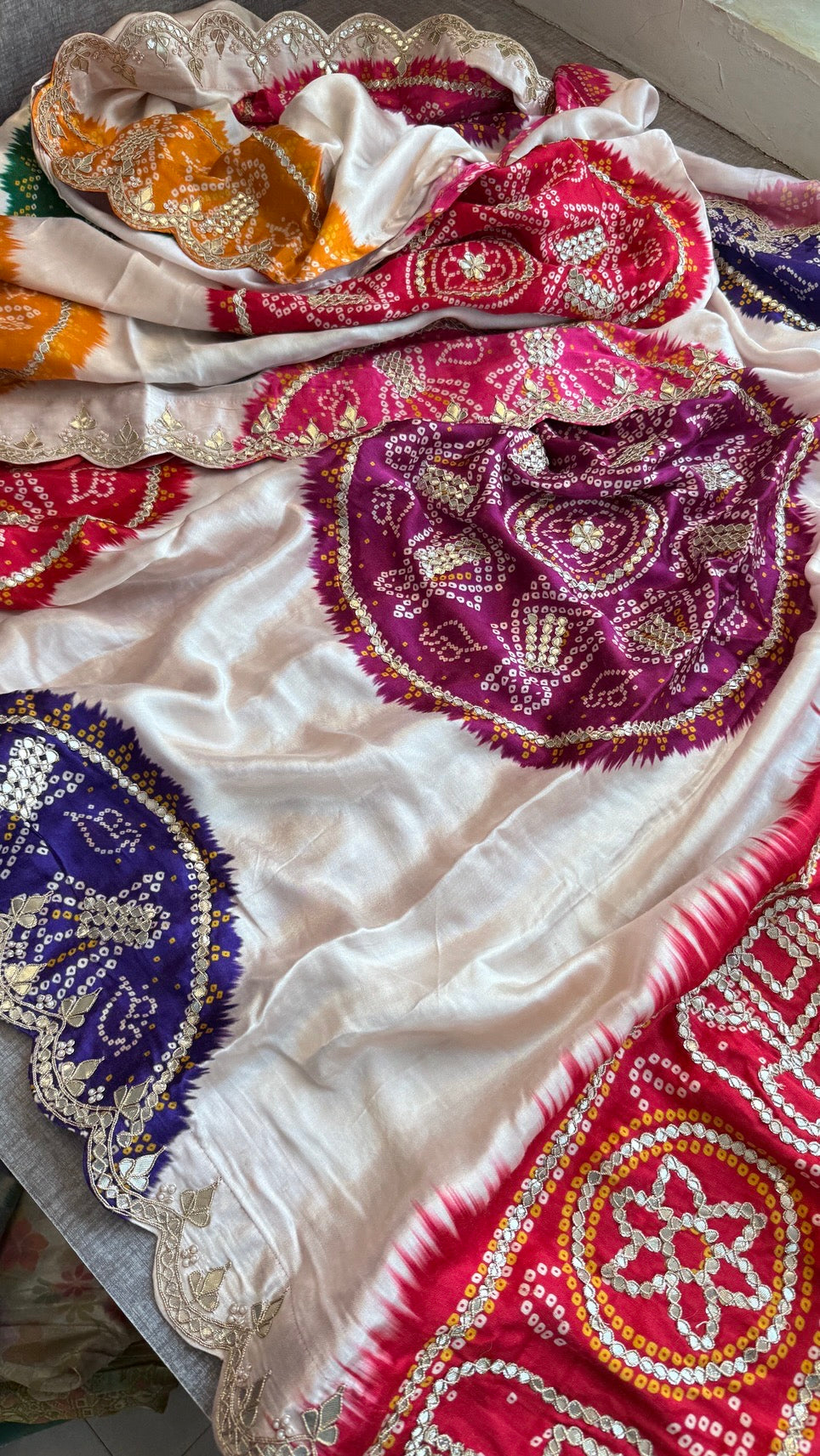 Elegant Gajji Silk Saree with Bandhani Prints & Handcrafted Embellishments