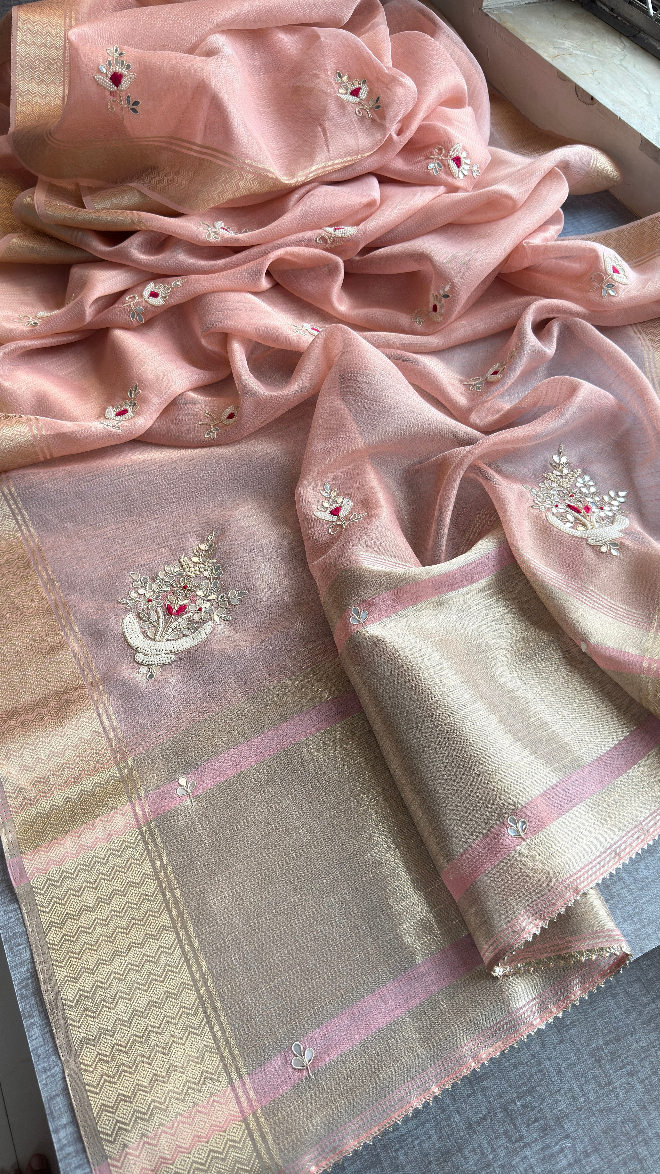 Pure Soft Tissue Linen Banarasi Saree | Zardozi & Kutdana Handwork Saree