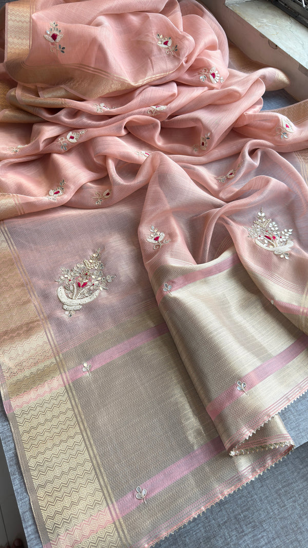 Pure Soft Tissue Linen Banarasi Saree | Zardozi & Kutdana Handwork Saree