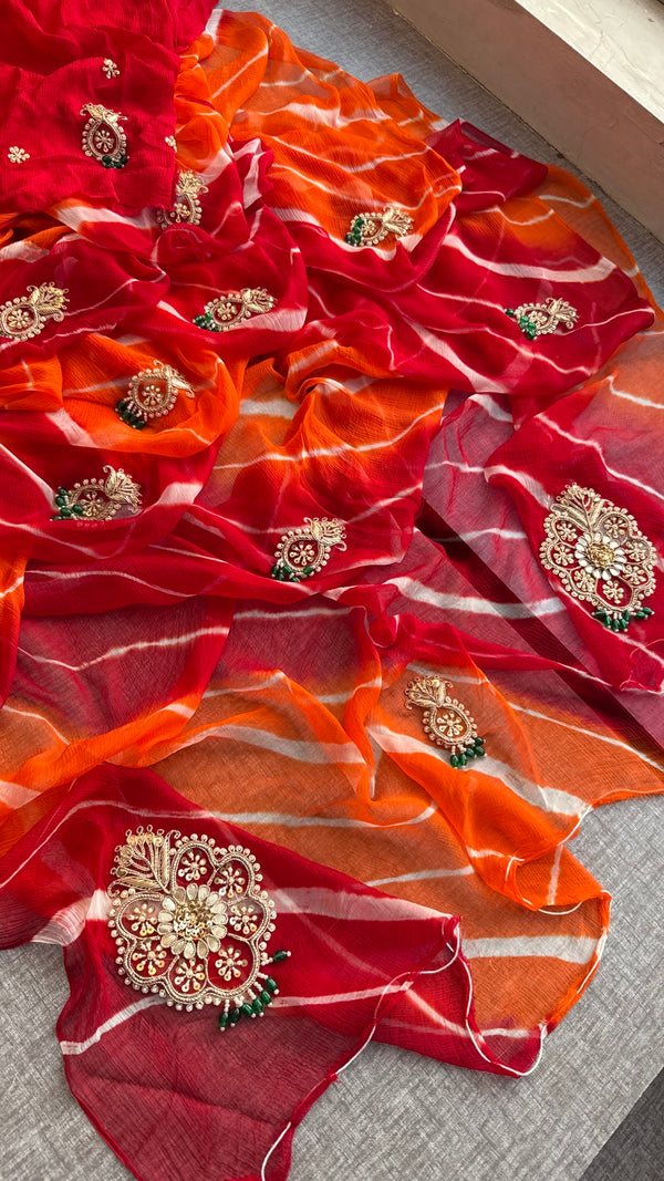 Pure chiffon leheriya with jewellery work