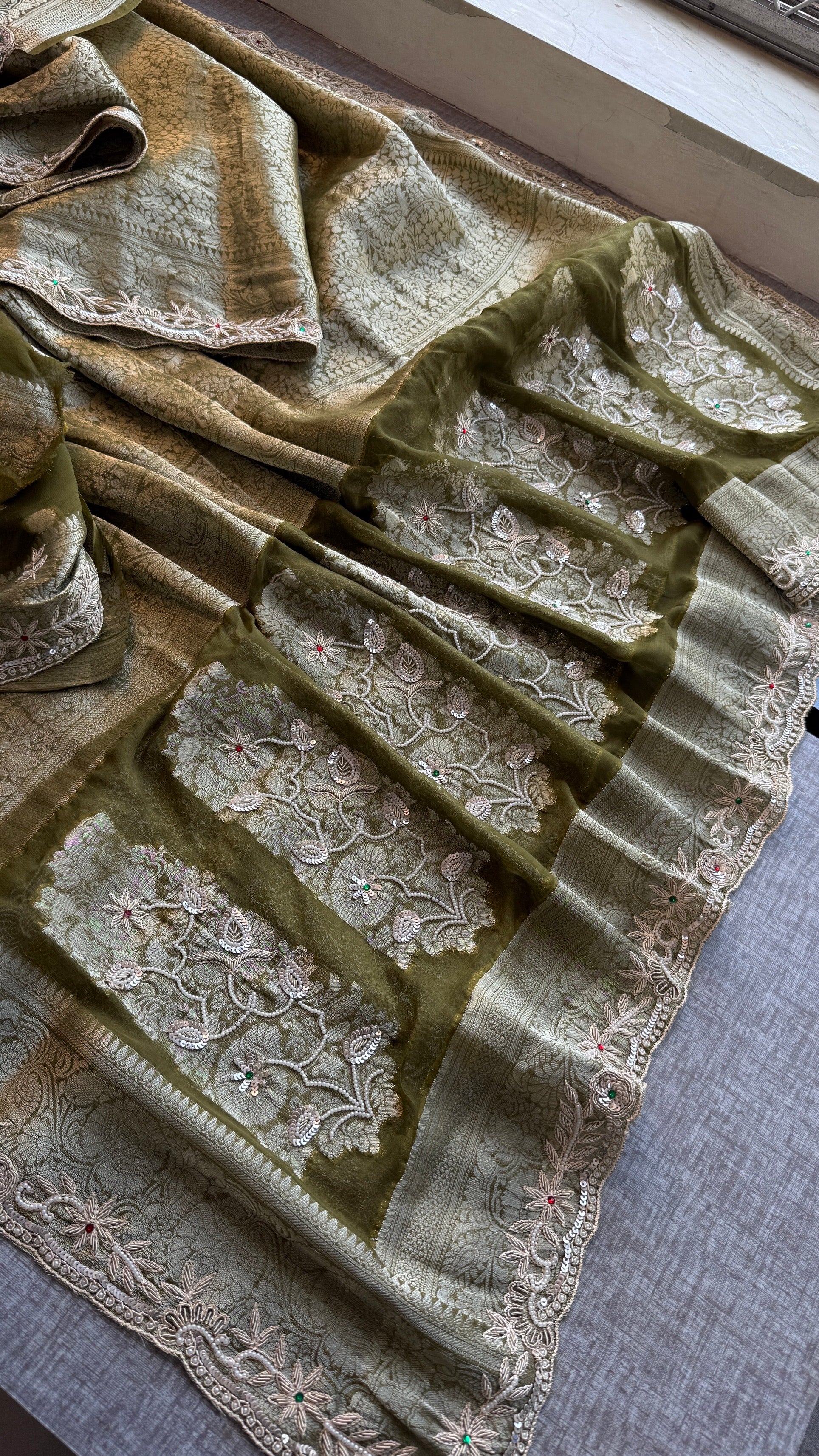 Wedding Wear Banarasi Khaddi Georgette Saree with Pearl Sequin Gotapatti Work